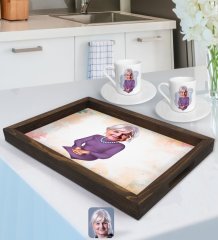 Kişiye Özel Büyükanne Karikatürlü Doğal Ahşap Tepsi ve 2’li Kahve Fincan Seti-1