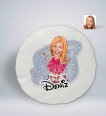Kişiye Özel İsimli Kadın Doğum Günü Karikatürlü Yuvarlak Araç Koltuk Yastığı-1
