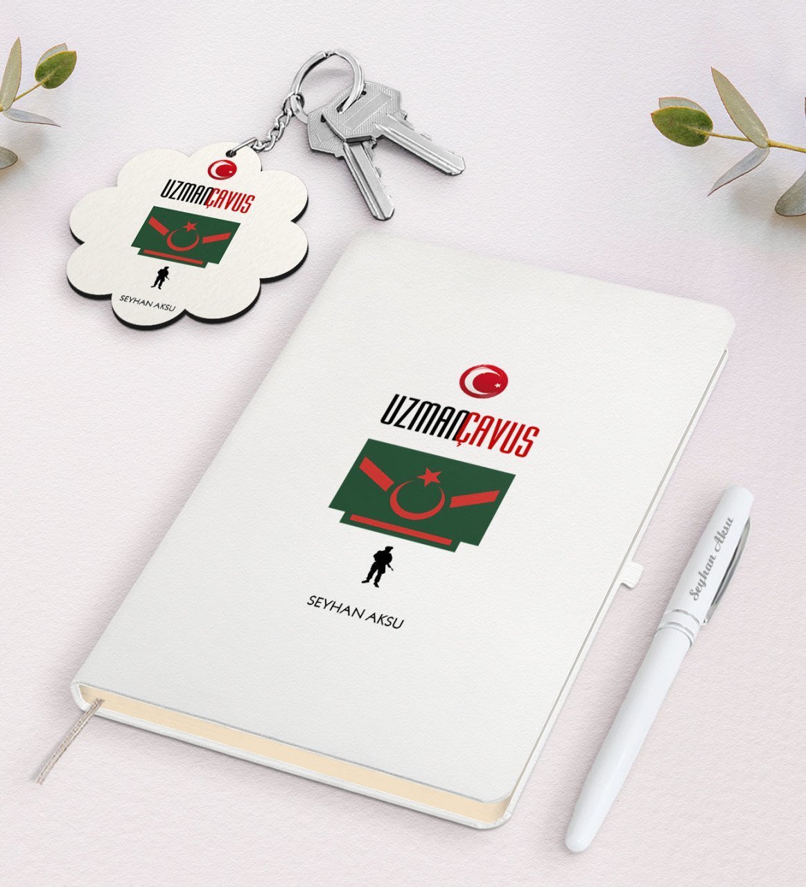 Kişiye Özel Uzman Çavuş Beyaz Defter Kalem Ve Anahtarlık Hediye Seti