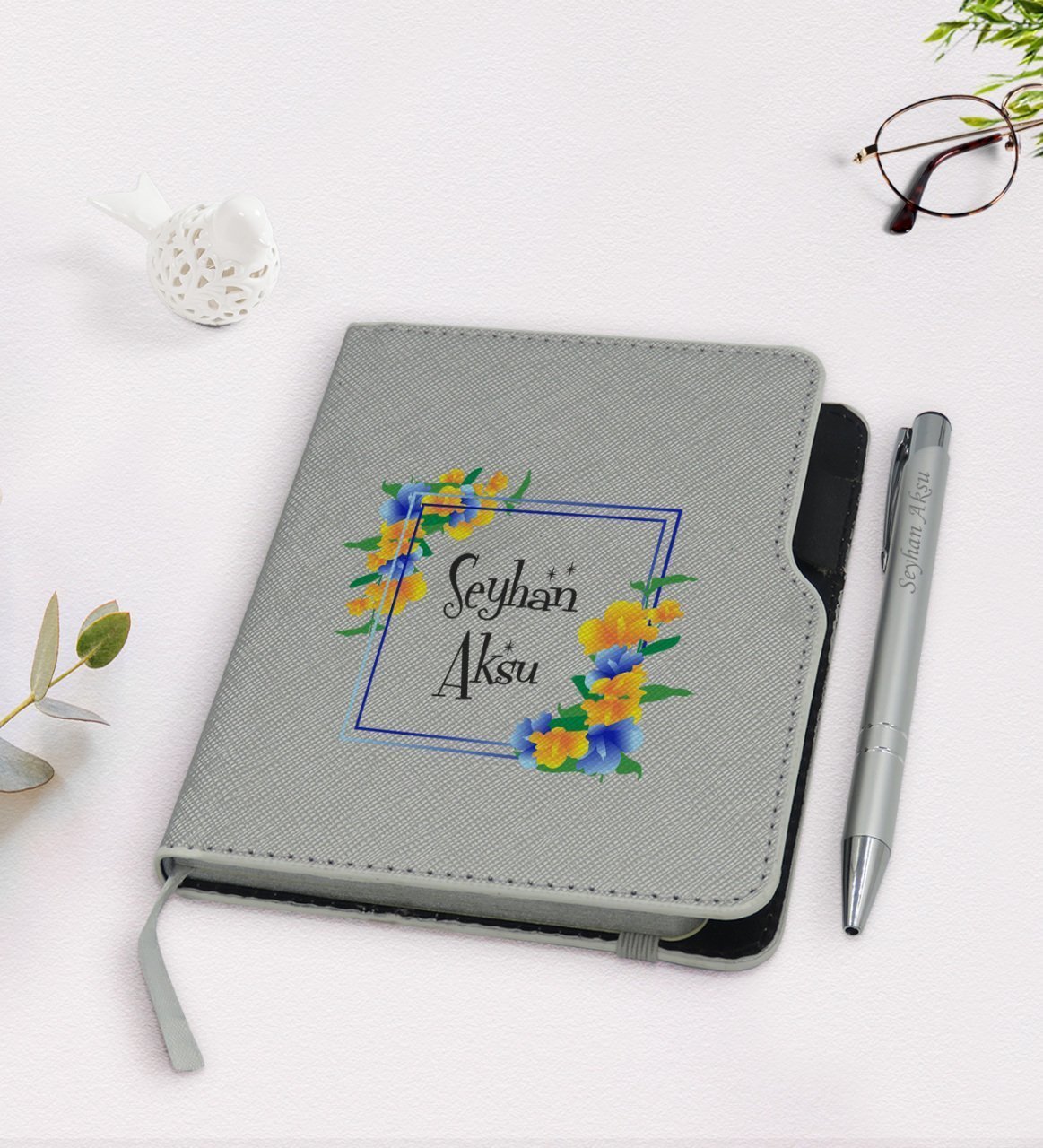 Kişiye Özel İsimli Gri Termo Deri Defter Kalem Seti-16