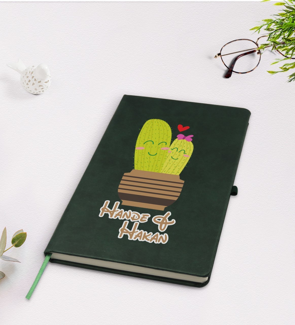 Kişiye Özel Kaktüs Tasarımlı Yeşil Termo Deri Defter Model 13