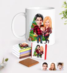 Kişiye Özel Yeni Yıl Aile Karikatürlü Beyaz Kupa ve Çikolata Hediye Seti-4