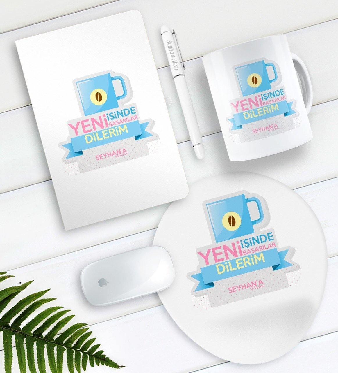 Kişiye Özel Yeni İşinde Başarılar Dilerim Defter Kalem Kupa Mouse Pad Seti-4