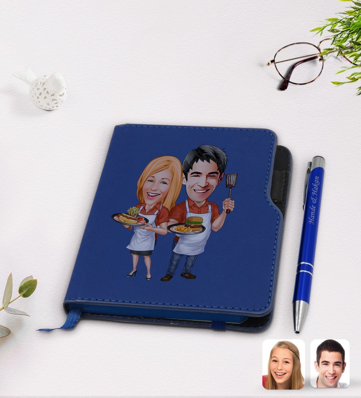 Kişiye Özel Sevgililer Karikatürlü Lacivert Termo Deri Defter Kalem Seti-57