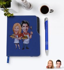 Kişiye Özel Sevgililer Karikatürlü Lacivert Termo Deri Defter Kalem Seti-57