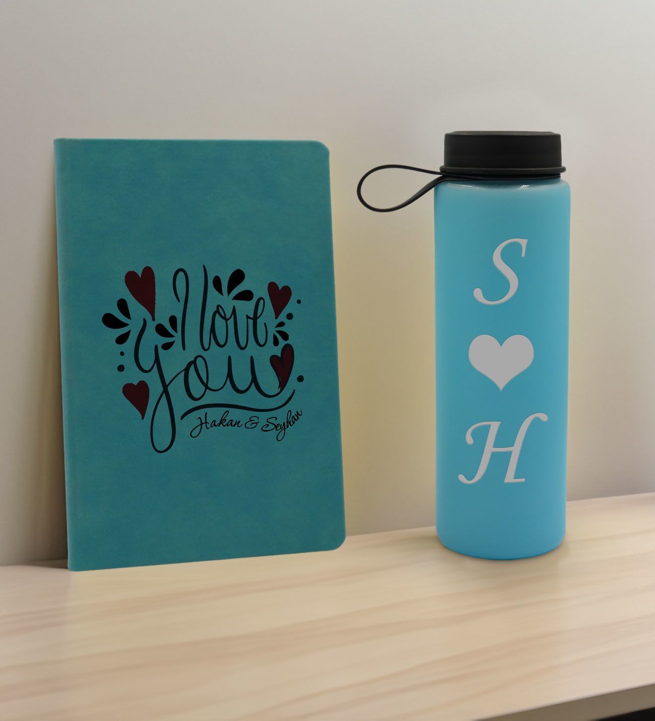BK Gift Sevgiliye Özel İsimli Turkuaz Defter ve Cam Matara Hediye Seti-13, Sevgiliye Hediye, Sevgililer Günü, Yeni İş Hediyesi