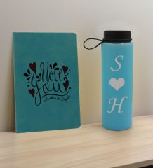 BK Gift Sevgiliye Özel İsimli Turkuaz Defter ve Cam Matara Hediye Seti-13, Sevgiliye Hediye, Sevgililer Günü, Yeni İş Hediyesi