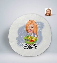 Kişiye Özel İsimli Kadın Diyetisyen Karikatürlü Yuvarlak Araç Koltuk Yastığı-1