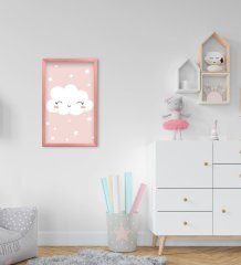 BK Home Sevimli Bulut Tasarımlı Dekoratif Pembe Ahşap Çerçeveli Çocuk Odası Tablo-1
