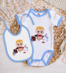 BK Kids Little Boss Tasarımlı Mavi Bebek Body Zıbın ve Mama Önlüğü Hediye Seti-1