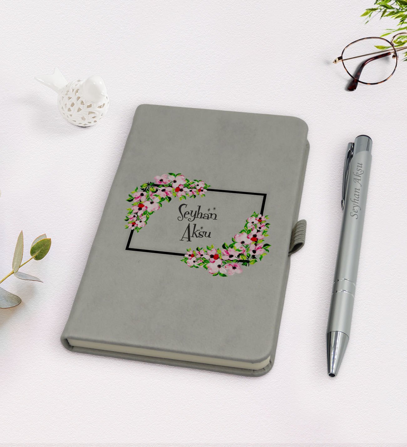 Kişiye Özel İsimli Gri Termo Deri Defter Kalem Seti-15