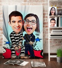 Kişiye Özel Sevgililer Karikatür Kanvas Tablo (70 x 100 cm.) 7