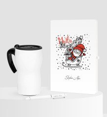 Kişiye Özel Yılbaşı Noel Baba Temalı Beyaz Defter Kalem Termos Mug Seti - 5