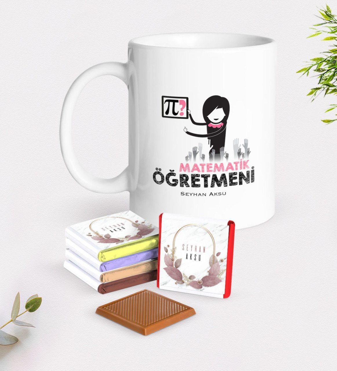 Kişiye Özel Matematik Öğretmeni Beyaz Kupa ve Çikolata Hediye Seti-1