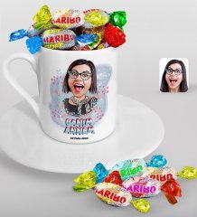 Kişiye Özel Anneler Günü Temalı Canım Annem Karikatürlü Türk Kahvesi Fincanı ve Haribo Şeker Hediye Seti-1