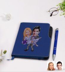Kişiye Özel Sevgililer Karikatürlü Lacivert Termo Deri Defter Kalem Seti-56