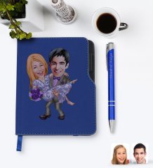 Kişiye Özel Sevgililer Karikatürlü Lacivert Termo Deri Defter Kalem Seti-56