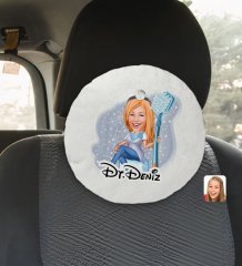 Kişiye Özel İsimli Kadın Diş Hekimi Karikatürlü Yuvarlak Araç Koltuk Yastığı-2