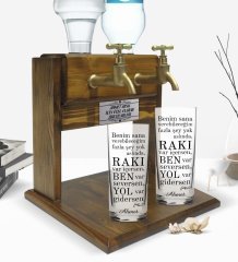 Kişiye Özel Renkli Baskılı Rakı Var İçersen Tasarımlı İkili Rakı Bardağı ve Çift Musluklu Doğal Ahşap Rakı Standı-1