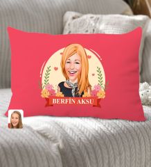 BK Gift Kişiye Özel Anneler Günü Karikatürlü Premium Kumaş Kırmızı Dikdörtgen Kırlent Yastık, Anneler Günü Hediyesi, Ev Dekorasyonu-6