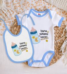 BK Kids Bana Sütümü Verin Tasarımlı Mavi Bebek Body Zıbın ve Mama Önlüğü Hediye Seti-1