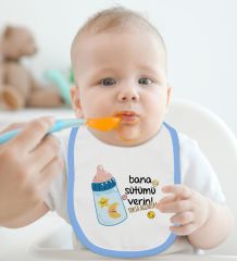 BK Kids Bana Sütümü Verin Tasarımlı Mavi Bebek Body Zıbın ve Mama Önlüğü Hediye Seti-1