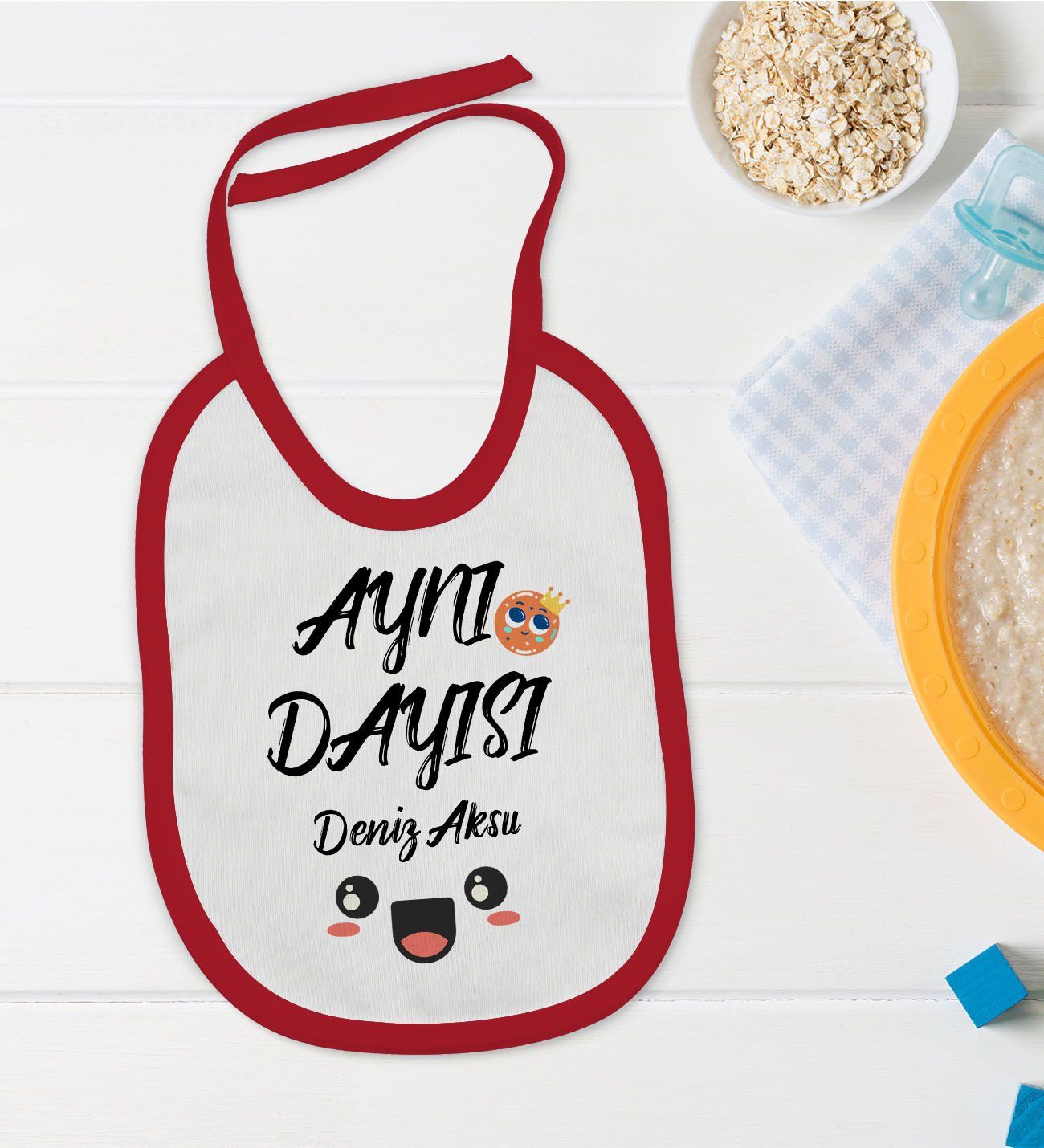 BK Kids Kişiye Özel Aynı Dayısı Tasarımlı Kırmızı Bebek Mama Önlüğü-1