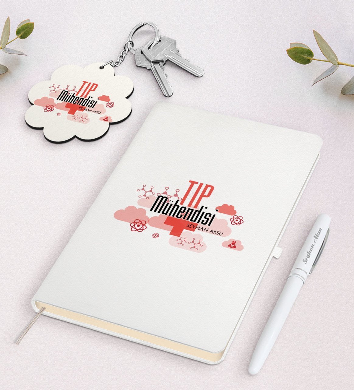 Kişiye Özel Tıp Mühendisi Beyaz Defter Kalem Ve Anahtarlık Hediye Seti