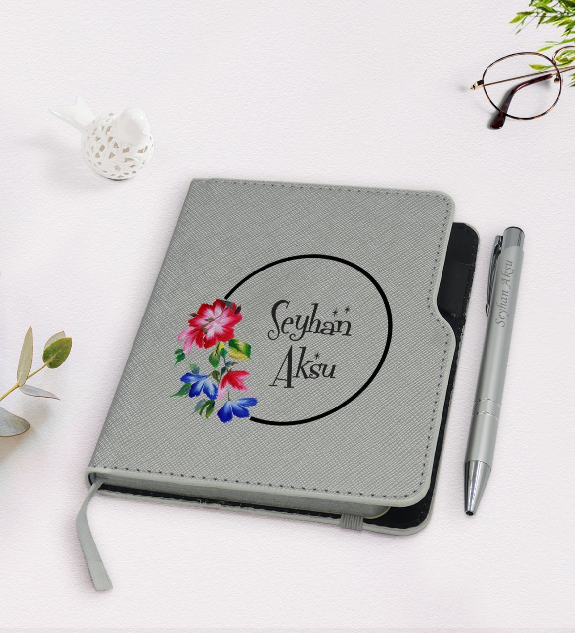 Kişiye Özel İsimli Gri Termo Deri Defter Kalem Seti-14