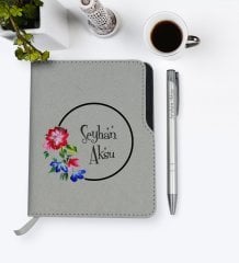 Kişiye Özel İsimli Gri Termo Deri Defter Kalem Seti-14