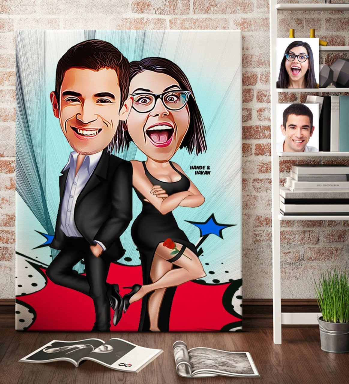 Kişiye Özel Sevgililer Karikatür Kanvas Tablo (70 x 100 cm.) 6
