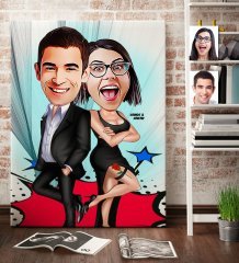 Kişiye Özel Sevgililer Karikatür Kanvas Tablo (70 x 100 cm.) 6
