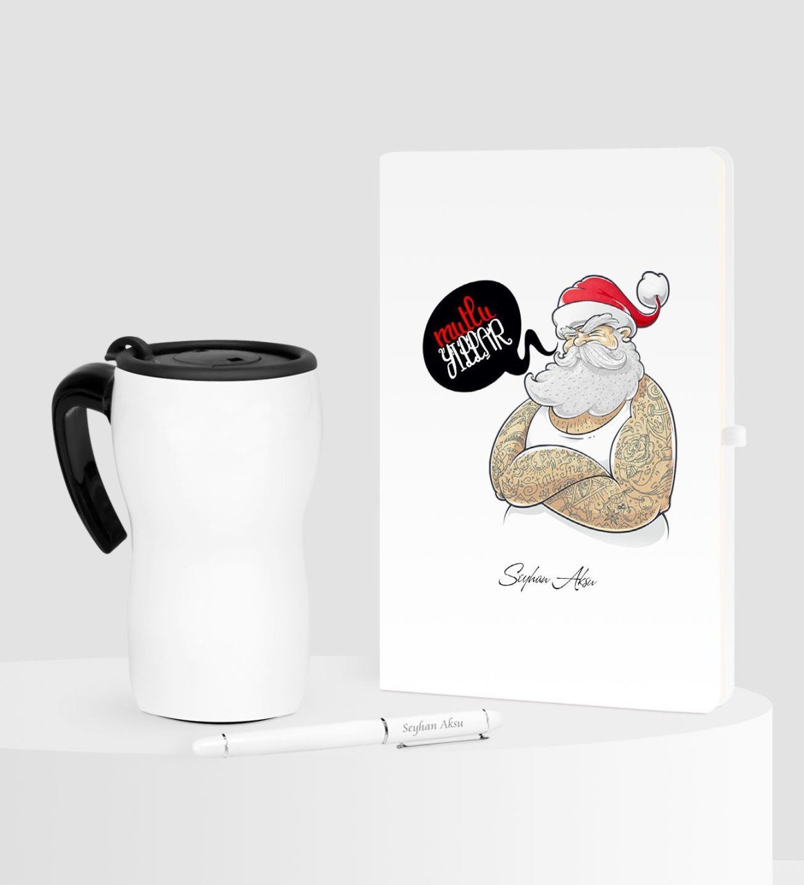 Kişiye Özel Yılbaşı Noel Baba Temalı Beyaz Defter Kalem Termos Mug Seti - 4