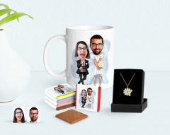 Kişiye Özel Sevgililer Karikatürlü Kupa Çikolata ve Çift İsimli Papatya Kolye Seti-16