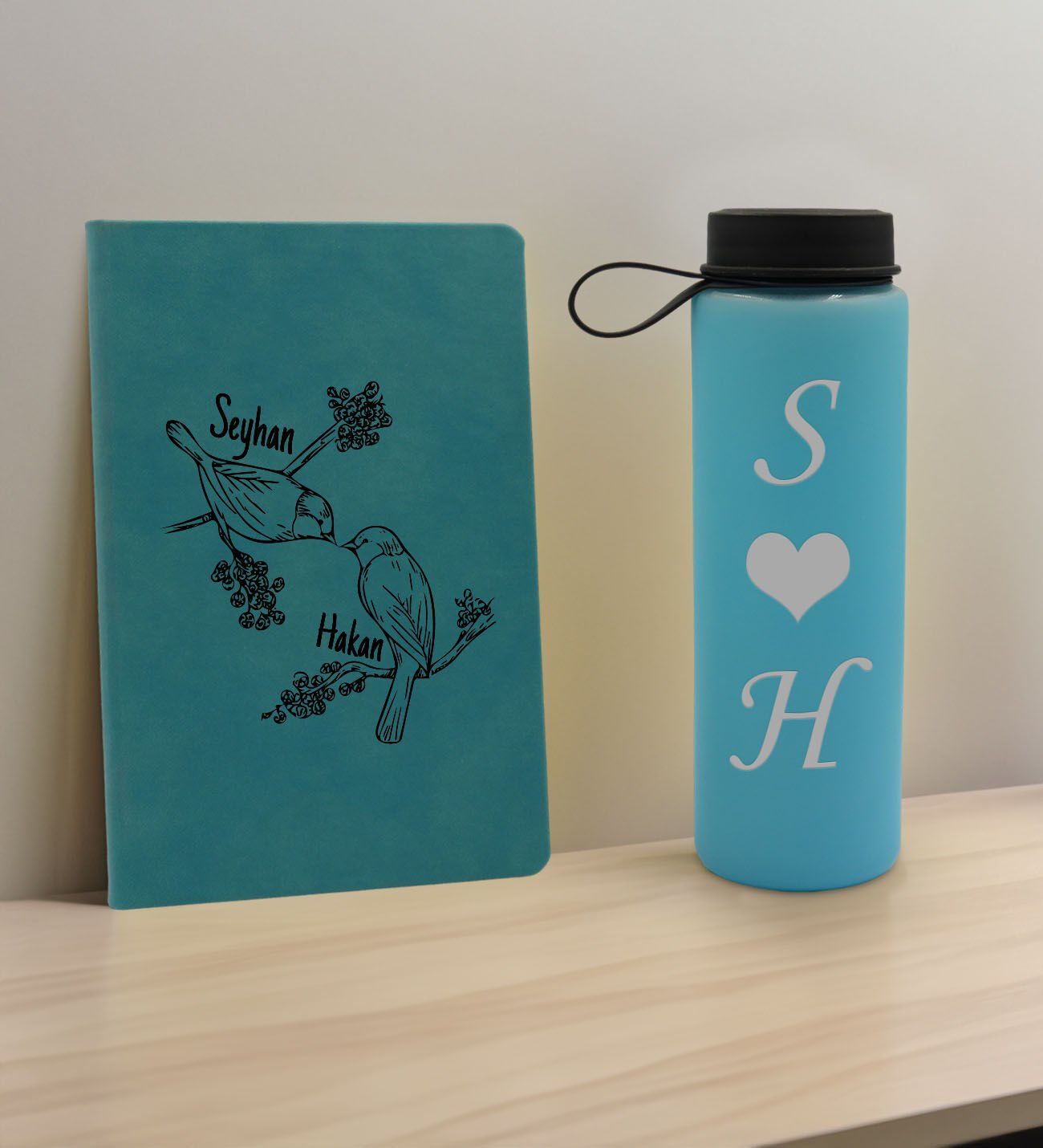 BK Gift Sevgiliye Özel İsimli Turkuaz Defter ve Cam Matara Hediye Seti-11, Sevgiliye Hediye, Sevgililer Günü, Yeni İş Hediyesi