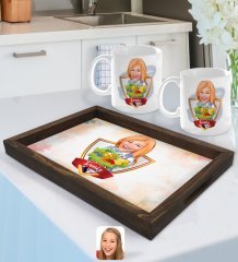 Kişiye Özel İsimli Kadın Diyetisyen Karikatürlü Doğal Ahşap Tepsi ve 2’li Kupa Bardak Seti-1