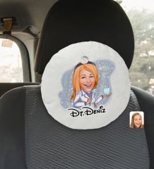 Kişiye Özel İsimli Kadın Diş Hekimi Karikatürlü Yuvarlak Araç Koltuk Yastığı-1