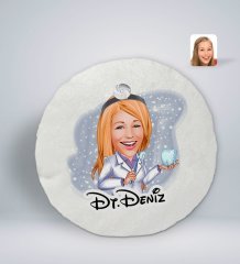 Kişiye Özel İsimli Kadın Diş Hekimi Karikatürlü Yuvarlak Araç Koltuk Yastığı-1
