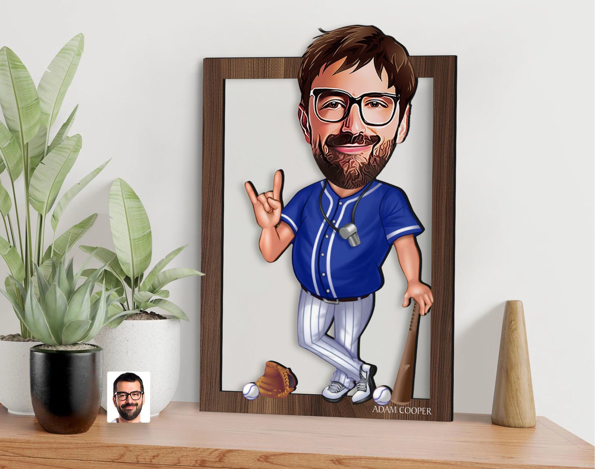 BK Gift Kişiye Özel Erkek Beyzbol Hakem Karikatürlü 3D Ahşap Tablo-1, Sevgiliye Hediye, Arkadaşa Hediye, Doğum Günü Hediyesi