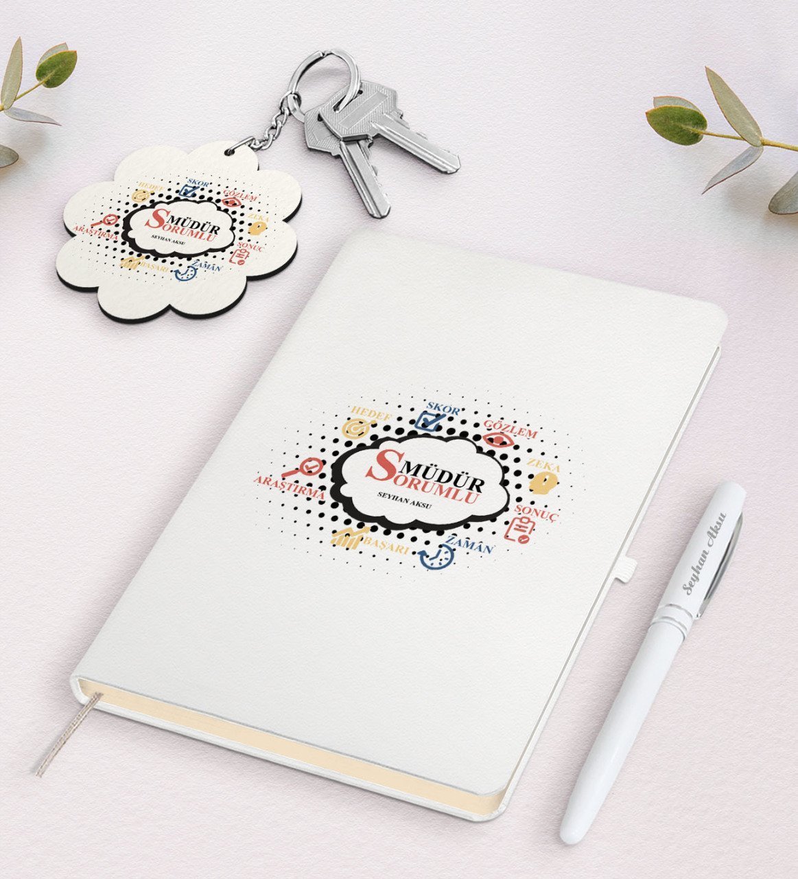 Kişiye Özel Sorumlu Müdür Beyaz Defter Kalem ve Anahtarlık Hediye Seti
