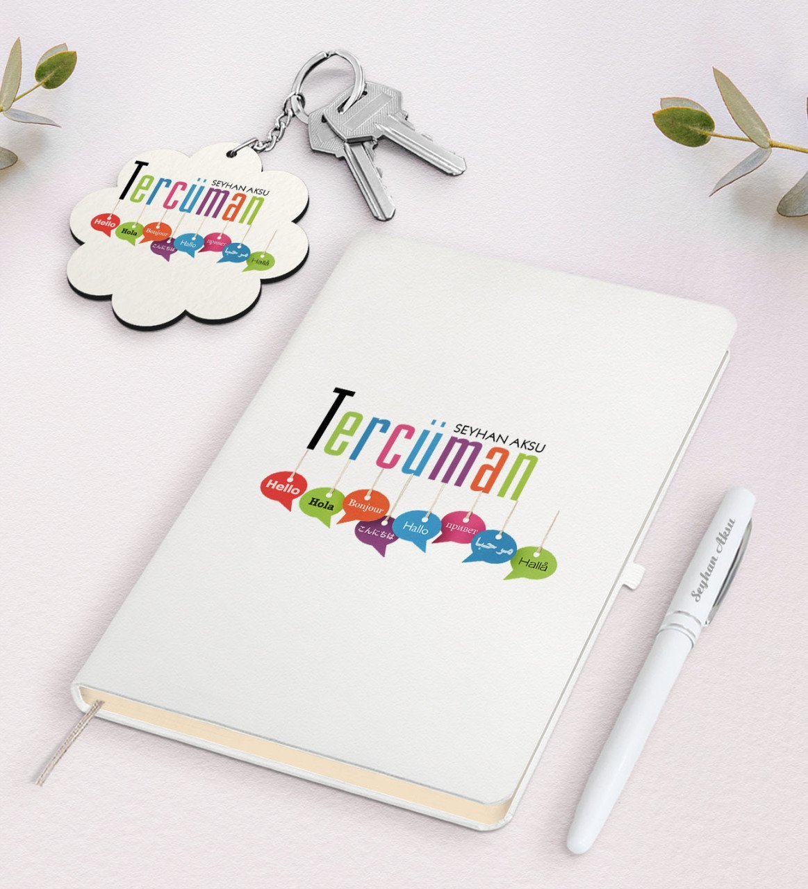 Kişiye Özel Tercüman Beyaz Defter Kalem Ve Anahtarlık Hediye Seti