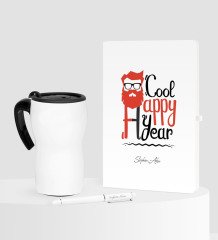 Kişiye Özel Yılbaşı Noel Baba Temalı Beyaz Defter Kalem Termos Mug Seti - 3