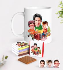 Kişiye Özel Yeni Yıl Aile Karikatürlü Beyaz Kupa ve Çikolata Hediye Seti-1