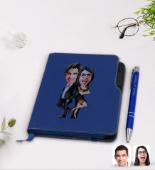 Kişiye Özel Sevgililer Karikatürlü Lacivert Termo Deri Defter Kalem Seti-6