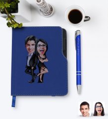 Kişiye Özel Sevgililer Karikatürlü Lacivert Termo Deri Defter Kalem Seti-6