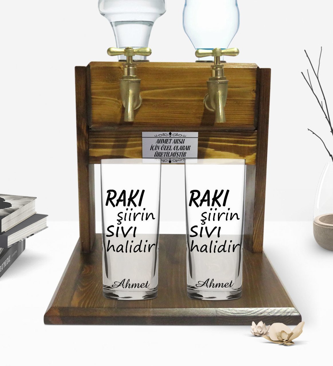 Kişiye Özel Renkli Baskılı Rakı Şiirin Sıvı Halidir Tasarımlı İkili Rakı Bardağı ve Çift Musluklu Doğal Ahşap Rakı Standı-1