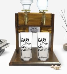 Kişiye Özel Renkli Baskılı Rakı Şiirin Sıvı Halidir Tasarımlı İkili Rakı Bardağı ve Çift Musluklu Doğal Ahşap Rakı Standı-1