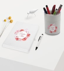 BK Gift Kişiye Özel Çiçek Tasarımlı Beyaz Defter Kalem ve Kalemlik Hediye Seti - Model 2