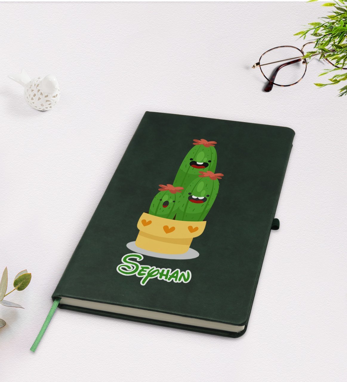 Kişiye Özel Kaktüs Tasarımlı Yeşil Termo Deri Defter Model 9