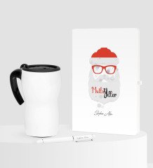 Kişiye Özel Yılbaşı Noel Baba Temalı Beyaz Defter Kalem Termos Mug Seti - 2